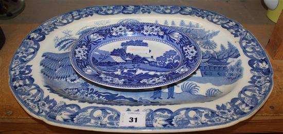 Two blue and white pottery dishes; Fallow Deer & a chinoiserie pattern(-)